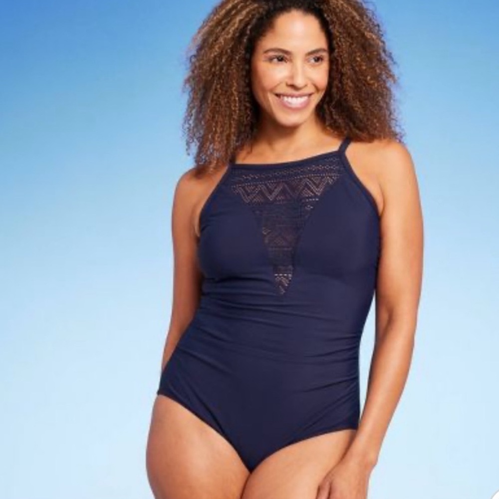 Aqua Green Navy Lace Detail One-Piece Swimsuit